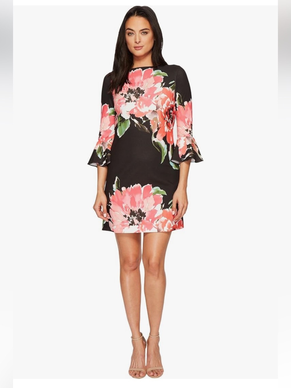 Tahari Black Floral Shift Dress with Pink Red Blooms